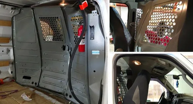 the interior of a work van where a partition by Adrian Steel saved the driver from an accident involving pallets of nails